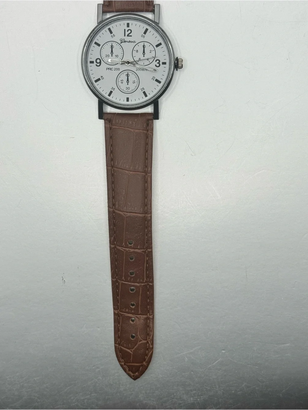 Geneva Silver Case White Dial Brown Faux Leather-Style Strap Watch